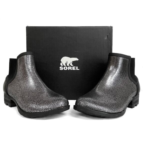 Sorel Janey Chelsea Boots Sz 10 Black Silver Short Ankle Rubber Rain Booties - Picture 1 of 11